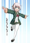  blonde_hair bow bowtie fur_trim green_eyes green_jacket green_skirt highres jacket kamishiro_(rsg10679) kantai_collection long_sleeves looking_at_viewer open_mouth outstretched_arms pantyhose pleated_skirt red_bow red_neckwear shimushu_(kantai_collection) short_hair skirt solo spread_arms white_legwear 