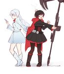  2girls highres multiple_girls ndgd_(bean1215) o_o phone pulling ruby_rose rwby scythe shocked_eyes simple_background surprised weiss_schnee white_background 