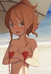  beach breasts brown_hair commentary_request covering covering_breasts day eromanga_sensei jinno_megumi looking_to_the_side navel nude open_mouth outdoors parasol ponytail putchers red_bikini_top sand short_hair small_breasts smile solo umbrella yellow_eyes 