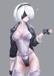  1girl ? belt blindfold boots breasts cleavage cosplay covered_eyes fingerless_gloves ghost_in_the_shell ghost_in_the_shell_stand_alone_complex gloves gluteal_fold grey_background highleg highleg_leotard highres jacket kusanagi_motoko kusanagi_motoko_(cosplay) leotard medium_breasts nier_(series) nier_automata otonaru short_hair sleeves_pushed_up solo standing strapless strapless_leotard thigh_boots thighhighs yorha_no._2_type_b 
