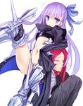  1girl black_legwear blue_bow blue_eyes bow closed_eyes closed_mouth fate/extra fate/extra_ccc fate/grand_order fate_(series) hair_bow long_hair looking_at_viewer meltlilith metal_boots mosu_(korikan) navel pants purple_hair red_hair revealing_clothes sleeves_past_wrists smile thighhighs tristan_(fate/grand_order) white_background 