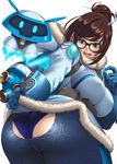  ass ass_cutout black-framed_eyewear blue_gloves blue_legwear blue_panties blush breasts brown_eyes coat covered_nipples drone embarrassed from_behind fur-trimmed_jacket fur_coat fur_trim glasses gloves hair_ornament hair_stick huge_breasts jacket ken19941028 mei_(overwatch) overwatch panties print_legwear snowball_(overwatch) solo thick_thighs thighs torn_clothes underwear wardrobe_malfunction winter_clothes winter_coat 