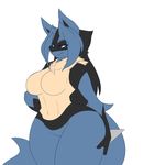  anthro big_breasts black_fur black_hair blue_fur blue_hair breasts dewwydarts fan_character female fur hair lucario may_(dewwydarts) nintendo nude pok&eacute;mon purple_eyes simple_background smile solo standing tan_fur video_games white_background wide_hips 