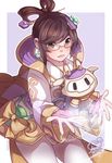  alternate_costume alternate_hairstyle brown_eyes brown_hair chang'e_mei chinese_clothes drone earrings eyebrows_visible_through_hair glasses hagoromo hair_rings highres jewelry md5_mismatch mei_(overwatch) outstretched_arms overwatch sharmi1010 shawl short_hair signature snowball_(overwatch) solo yellow-framed_eyewear 