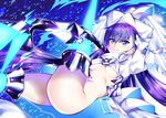  armor armored_boots blue_eyes blush boots breasts daive fate/extra fate/extra_ccc fate/grand_order fate_(series) hair_ribbon long_hair long_sleeves looking_at_viewer medium_breasts meltlilith navel purple_hair revealing_clothes ribbon solo thighhighs underboob very_long_hair 
