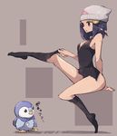  adjusting_sock ass beanie blue_hair commentary_request gen_4_pokemon grey_background grey_eyes hair_ornament hat hikari_(pokemon) kneehighs lamb-oic029 no_panties no_pants open_mouth piplup pokemon pokemon_(creature) pokemon_(game) pokemon_dppt short_hair simple_background sitting sleeveless sock_pull solo 