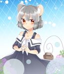  abe_suke animal_ears bare_shoulders black_dress blush collarbone commentary_request dress grey_hair light_smile mouse_ears nazrin off-shoulder_dress off_shoulder red_eyes solo touhou 