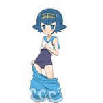  blue_eyes blue_hair blush covered_navel hairband highres lifted_by_self one-piece_swimsuit open_mouth pants pants_pull pokemon pokemon_(game) pokemon_sm pulled_by_self school_swimsuit shirt shirt_lift short_hair sleeveless sleeveless_shirt smile solo suiren_(pokemon) swimsuit swimsuit_under_clothes undressing yakihebi yellow_hairband 