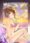  bikini breasts brown_hair cleavage eating eyebrows_visible_through_hair food holding holding_food large_breasts looking_at_viewer original pink_bikini popsicle short_hair sibyl solo swimsuit yellow_eyes 