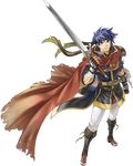  arm_guards belt blue_eyes blue_hair boots cape fingerless_gloves fire_emblem fire_emblem:_souen_no_kiseki full_body gloves headband highres holding holding_weapon ike kita_senri knee_boots looking_at_viewer looking_up male_focus official_art pants short_sleeves solo sword transparent_background weapon 