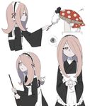  alternate_costume angry apron artist_name commentary duster glaring hair_over_one_eye highres japanese_clothes kimono lamp little_witch_academia long_hair looking_at_viewer maid_apron mushroom orange_eyes pale_skin ryojojo signature smile solo spoken_squiggle squiggle sucy_manbavaran wa_maid 