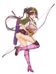  armor arrow ass bangs blush bow_(weapon) breasts brown_hair collarbone eyebrows_visible_through_hair full_body gloves holding holding_bow_(weapon) holding_weapon japanese_clothes large_breasts long_hair looking_at_viewer maruwa_tarou muneate open_mouth original panties purple_eyes purple_legwear quiver sandals short_sleeves shoulder_armor simple_background solo thighhighs underwear weapon white_background 