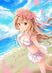  blush breasts brown_hair cleavage eyebrows_visible_through_hair flower_wreath head_wreath large_breasts long_hair looking_at_viewer original sibyl smile solo yellow_eyes 