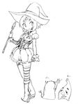  1girl camel_(dansen) dress female full_body halloween kyu_(creature) monochrome puki_(creature) short_hair striped_legwear witch_hat 