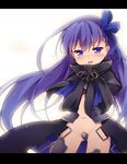  baku-p blue_eyes blue_hair blush coat crotch_plate fate/extra fate/extra_ccc fate_(series) groin hands_on_own_chest highres long_hair meltlilith naked_coat navel open_clothes open_coat open_mouth purple_hair ribbon sleeves_past_wrists smile solo thighhighs very_long_hair 