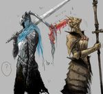  2boys armor artorias_the_abysswalker cape dark_souls dragon_slayer_ornstein from_software multiple_boys plume souls_(from_software) spear sword 