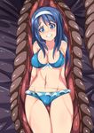  1girl bikini blue_bikini blue_eyes blue_hair blush breasts digestion futaba_aoi groin large_breasts monster navel vividred_operation vore 