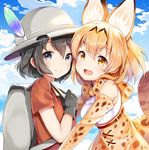 animal_ears backpack bag black_eyes black_gloves black_hair blush bow bowtie cloud day eyebrows_visible_through_hair feathers gloves hat helmet kaban_(kemono_friends) kemono_friends looking_at_viewer multiple_girls open_mouth orange_bow orange_eyes orange_hair orange_neckwear orange_skirt pith_helmet serval_(kemono_friends) serval_ears serval_print serval_tail short_hair sibyl skirt smile tail teeth 