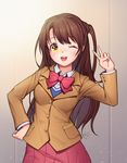  absurdres bad_id bad_pixiv_id blush bow bowtie brown_hair eyebrows_visible_through_hair hand_on_hip highres idolmaster idolmaster_cinderella_girls lee_seok_ho long_hair looking_at_viewer one_eye_closed one_side_up open_mouth red_bow red_neckwear red_skirt shimamura_uzuki skirt smile solo sweater_vest teeth v yellow_eyes 