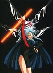  aqua_hair asymmetrical_clothes black_background blue_cape cape glowing glowing_weapon highres leotard looking_at_viewer ryouko_(tenchi_muyou!) sidelocks solo standing tenchi_muyou! weapon yellow_eyes 