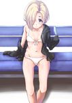  arm_support bags_under_eyes bare_legs bench bikini black_jacket blonde_hair breasts closed_mouth collarbone ear_piercing food from_above front-tie_bikini front-tie_top groin hair_over_one_eye holding idolmaster idolmaster_cinderella_girls jacket jacket_over_swimsuit looking_at_viewer navel off_shoulder piercing popsicle red_eyes ribs shirasaka_koume short_eyebrows short_hair sitting sleeves_past_wrists small_breasts smile solo spaghetti_strap sweat swimsuit white_background white_bikini yamaya_oouemon 