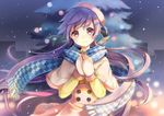  blue_scarf blush capelet checkered checkered_scarf eyebrows_visible_through_hair hair_ornament hairclip holding long_hair long_sleeves looking_at_viewer mittens original outdoors pink_eyes purple_hair red_eyes scarf sibyl smile solo 