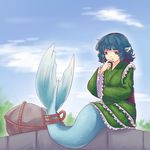  blue_eyes blue_hair cloud commentary day drill_hair finger_to_chin frilled_kimono frills full_body green_kimono head_fins highres japanese_clothes kimono looking_down mermaid monster_girl obi rock rope sash sitting sky solo thinking touhou wakasagihime wide_sleeves yoruny 