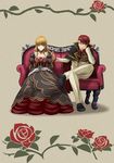  1girl absurdres artist_request bangs beatrice blue_eyes blunt_bangs cape choker collarbone couch crossed_legs dress formal hair_down hand_in_another's_hair highres long_hair looking_at_another necktie official_art red_hair red_shirt shirt sitting smile suit umineko_no_naku_koro_ni ushiromiya_battler wavy_hair 