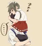  2girls beige_background brown_hair carrying closed_eyes commentary crossed_arms drooling face_hug green_hair hakama_skirt japanese_clothes kaga_(kantai_collection) kantai_collection long_hair multiple_girls muneate red_skirt short_hair short_sleeves shoulder_carry simple_background skirt sleeping sleeping_on_person sora_(sky_s04) spoken_ellipsis tasuki twintails younger zuikaku_(kantai_collection) zzz 