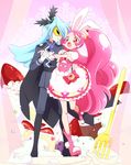  1girl :o androgynous animal_ears blue_hair boots bunny_ears cake cake_hair_ornament cape choker commentary_request cure_whip earrings epaulettes extra_ears food food_themed_hair_ornament fork formal fruit gloves hair_ornament hand_on_another's_hip holding_hands jewelry julio_(precure) kirakira_precure_a_la_mode long_hair magical_girl mask necktie open_mouth pink pink_choker pink_eyes pink_hair pink_neckwear pointy_ears precure puffy_short_sleeves puffy_sleeves short_sleeves smile strawberry strawberry_shortcake suit twintails usami_ichika whipped_cream white_gloves yui_(kanatamoo) 