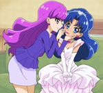  alternate_hairstyle applying_makeup blue_eyes blue_hair blush commentary_request dress earrings embarrassed gloves hair_down hairband hand_on_another's_cheek hand_on_another's_face jewelry kirakira_precure_a_la_mode kotozume_yukari lipstick long_hair long_sleeves looking_at_viewer makeup masaru_(win800) multiple_girls necklace official_style pencil_skirt precure purple_eyes purple_hair skirt smile smirk sweatdrop tategami_aoi white_dress 
