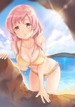  bikini blurry breasts brown_eyes cleavage cloud collarbone day depth_of_field eyebrows_visible_through_hair large_breasts leaning_forward long_hair looking_at_viewer original outdoors pink_hair sibyl solo sun swimsuit water wet yellow_bikini 