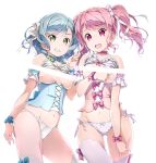  2girls :d akata_itsuki aqua_hair bang_dream! bangs bar_censor bare_shoulders blue_bow blue_choker blue_hair bow bow_bra bow_legwear bow_panties bra bra_lift braid breasts censored choker commentary_request contrapposto corset cowboy_shot crotch_seam detached_sleeves eyebrows_visible_through_hair frills gluteal_fold green_eyes grin hair_bow hair_ribbon highres hikawa_hina holding holding_microphone long_hair looking_at_viewer maruyama_aya medium_breasts microphone multiple_girls navel no_pants open_mouth panties pastel_palettes pink_bow pink_bra pink_choker pink_eyes pink_hair pink_panties ribbon short_hair side-by-side side-tie_panties side_braids simple_background smile standing thigh_gap thighhighs thighs twin_braids twintails underwear v white_background white_bra white_legwear white_panties white_ribbon wrist_bow yellow_bow 