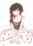  1girl bare_shoulders bed bed_sheet black_hair blush breasts cleavage drooling feet floral_print full_body gradient_hair half-closed_eyes looking_at_viewer medium_breasts messy_hair navel ndgd_(bean1215) on_bed open_mouth pajamas red_hair ruby_rose rwby saliva seiza short_hair silver_eyes simple_background sitting sleep_mask solo tank_top white_background 