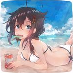  ahoge arm_support ass bangs barefoot beach bikini black_hair blue_eyes blue_sky braid breasts can cleavage cloud cointreau day eating food hair_between_eyes hair_flaps hair_ornament hair_over_shoulder hairpin highres kantai_collection legs_up lens_flare long_hair looking_at_viewer lying medium_breasts messy_hair mouth_hold ocean on_stomach outdoors popsicle remodel_(kantai_collection) shigure_(kantai_collection) side-tie_bikini single_braid sky solo sunlight swimsuit twitter_username watermelon_bar white_bikini 