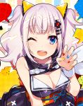  1girl ;d bangs bare_shoulders black_dress blue_eyes blue_nails blush breasts claw_pose cleavage cleavage_cutout dress eyebrows_visible_through_hair fingernails hair_ornament hairclip hand_up kaguya_luna kaguya_luna_(character) large_breasts long_hair looking_at_viewer mika_pikazo multicolored multicolored_nails nail_polish obi one_eye_closed open_mouth red_nails round_teeth sash sidelocks silver_hair sleeveless sleeveless_dress smile solo teeth twintails upper_teeth virtual_youtuber yellow_nails 