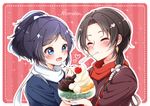  2boys ^_^ anmitsu_(dessert) black_hair blue_eyes bowl brown_hair cherry closed_eyes earrings food fruit heart jewelry kashuu_kiyomitsu male_focus mole mole_under_eye mole_under_mouth mouth_hold multiple_boys nail_polish open_mouth ponytail red_nails scarf smile sparkle spoon tasasan touken_ranbu yamato-no-kami_yasusada 