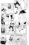  backpack bag comic commentary_request common_raccoon_(kemono_friends) fukushima_masayasu giraffe_ears giraffe_horns greyscale hat hat_feather helmet highres kaban_(kemono_friends) kemono_friends long_hair monochrome multicolored_hair multiple_girls pith_helmet reticulated_giraffe_(kemono_friends) short_hair skirt small-clawed_otter_(kemono_friends) toilet toilet_paper translation_request 