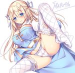  archbishop blonde_hair blue_dress blue_eyes blue_ribbon blush breasts cameltoe closed_mouth commentary_request cross dress hair_ribbon juliet_sleeves large_breasts long_hair long_sleeves looking_at_viewer panties partial_commentary puffy_sleeves ragnarok_online ribbon smile sorai_shin'ya spread_legs thighhighs underwear white_legwear white_panties 