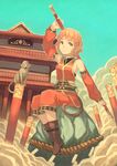  boots chinese cloud commentary detached_sleeves genderswap genderswap_(mtf) hair_ornament holding holding_weapon journey_to_the_west monkey monkey_tail orange_eyes orange_hair original peroncho pointy_ears rock rope ruyi_jingu_bang sitting sleeveless staff sun_wukong tail translated weapon 