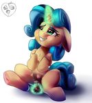  2017 biting_lip blue_hair blush clitoris equine fan_character female feral fidget_spinner glowing hair hi_res hooves horn improvised_sex_toy magic mammal my_little_pony oddciders pussy simple_background solo teats unicorn white_background 