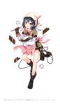  alternate_costume apron black_footwear blush boots brown_gloves chocolate chocolate_bar cookie_cutter cooking copyright earphones formation_girls gloves hair_ornament heart leg_up long_sleeves looking_at_viewer mixing_bowl official_art ririkuto simple_background solo spatula takato_matsuri tongue tongue_out whisk white_background 