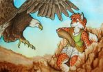  anthro avian beak bird clothed clothing day duo eagle feathered_wings feathers feline female feral fur mammal orange_fur outside samantha-dragon sky spots spotted_fur traditional_media_(artwork) wings yellow_beak 