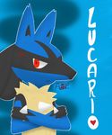  absurd_res angry anthro aurapup blue_fur canine crossed_arms english_text fur hi_res jackal lucario mammal nintendo pok&eacute;mon red_eyes signature simple_background solo text video_games 