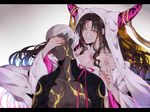  1boy 1girl archer black_hair breasts cleavage covering_eyes dark_skin emiya_alter fate/extra_ccc fate/grand_order fate_(series) grey_hair horns long_hair muscle open_mouth ribbon sesshouin_kiara short_hair smile tattoo veil yellow_eyes 