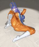  blue_eyes blue_hair bodysuit boots breasts cameltoe covered_nipples dragon_quest dragon_quest_iii gloves highres large_breasts leg_lift long_hair lying mitre mokottsu on_back open_mouth priest_(dq3) solo spread_legs tabard 
