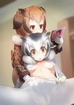  amekosame blurry blurry_background blush book breasts brown_eyes brown_hair buttons censored coat doujinshi eurasian_eagle_owl_(kemono_friends) eyebrows_visible_through_hair fur_collar fur_trim gloves grey_hair groping hair_between_eyes hand_in_pantyhose head_wings indoors kemono_friends long_sleeves looking_at_viewer mosaic_censoring multicolored_hair multiple_girls navel northern_white-faced_owl_(kemono_friends) open_book open_clothes open_mouth pantyhose pornography short_hair small_breasts spread_legs triangle_mouth underboob white_hair white_legwear wings yuri 