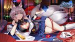  animal_ears azur_lane bangs bare_shoulders blue_eyes blue_skirt blush breasts cleavage commentary_request copyright_name cowlick fan flower folding_fan fox_ears fox_mask fox_tail hakama_skirt indoors kaga_(azur_lane) large_breasts long_sleeves looking_at_viewer lying mask md5_mismatch multiple_tails off_shoulder official_art on_side parted_lips sakuramon shikigami short_hair silver_hair skirt socks solo tail white_legwear wide_sleeves zjsstc 