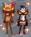  aku_aku anthro bandicoot black_nose blonde_hair blue_skin breasts clothing coco_bandicoot crash_bandicoot_(series) digital_media_(artwork) duo female footwear fur garter_straps gloves hair high_heels human kempferzero kill_la_kill legwear long_hair mammal marsupial multicolored_fur navel nina_cortex orange_fur parody shoes sparkle standing tan_fur thigh_highs turtleneck uka_uka video_games 