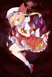  ascot bare_legs blonde_hair blood bloomers finger_to_mouth flandre_scarlet full_body full_moon hat hat_ribbon long_hair mary_janes mob_cap moon perri_(mnemosine) puffy_short_sleeves puffy_sleeves red_eyes red_footwear red_ribbon red_skirt ribbon shoes short_sleeves skirt skirt_set socks solo touhou underwear vest white_legwear wings 